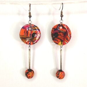 Colorful Orange purple dangle clay earrings hypoallergenic, handmade